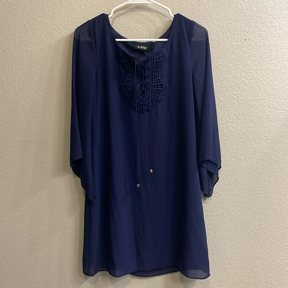 A. Byer Navy Blue Embroidered Shift Dress Size Medium Boho Bell Sleeve
